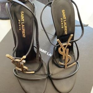 Saint Laurent women's 4 inch heal in black Valda Vacchetta/Gold officer Nero